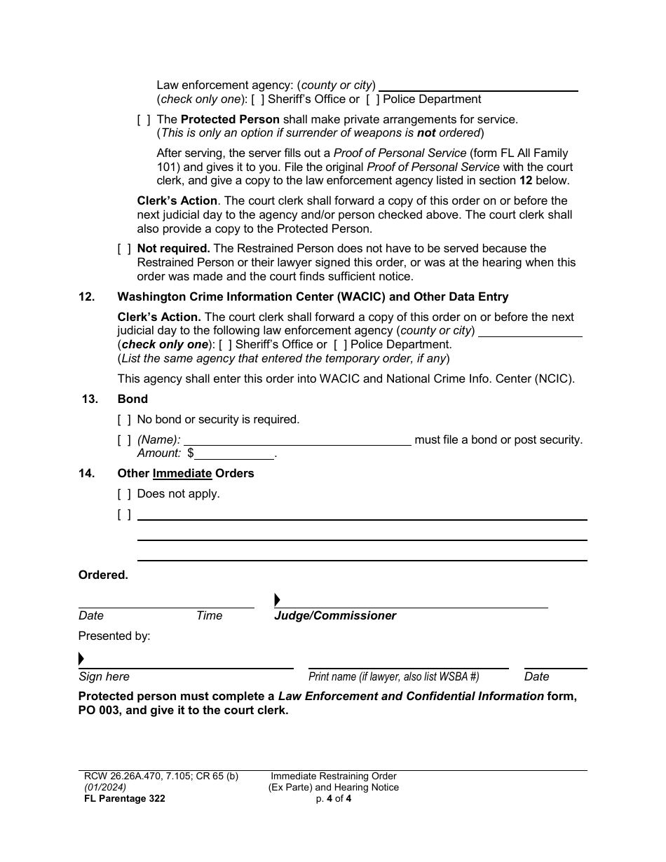 Form FL Parentage322 Immediate Restraining Order (Ex Parte) and Hearing Notice - Washington, Page 4