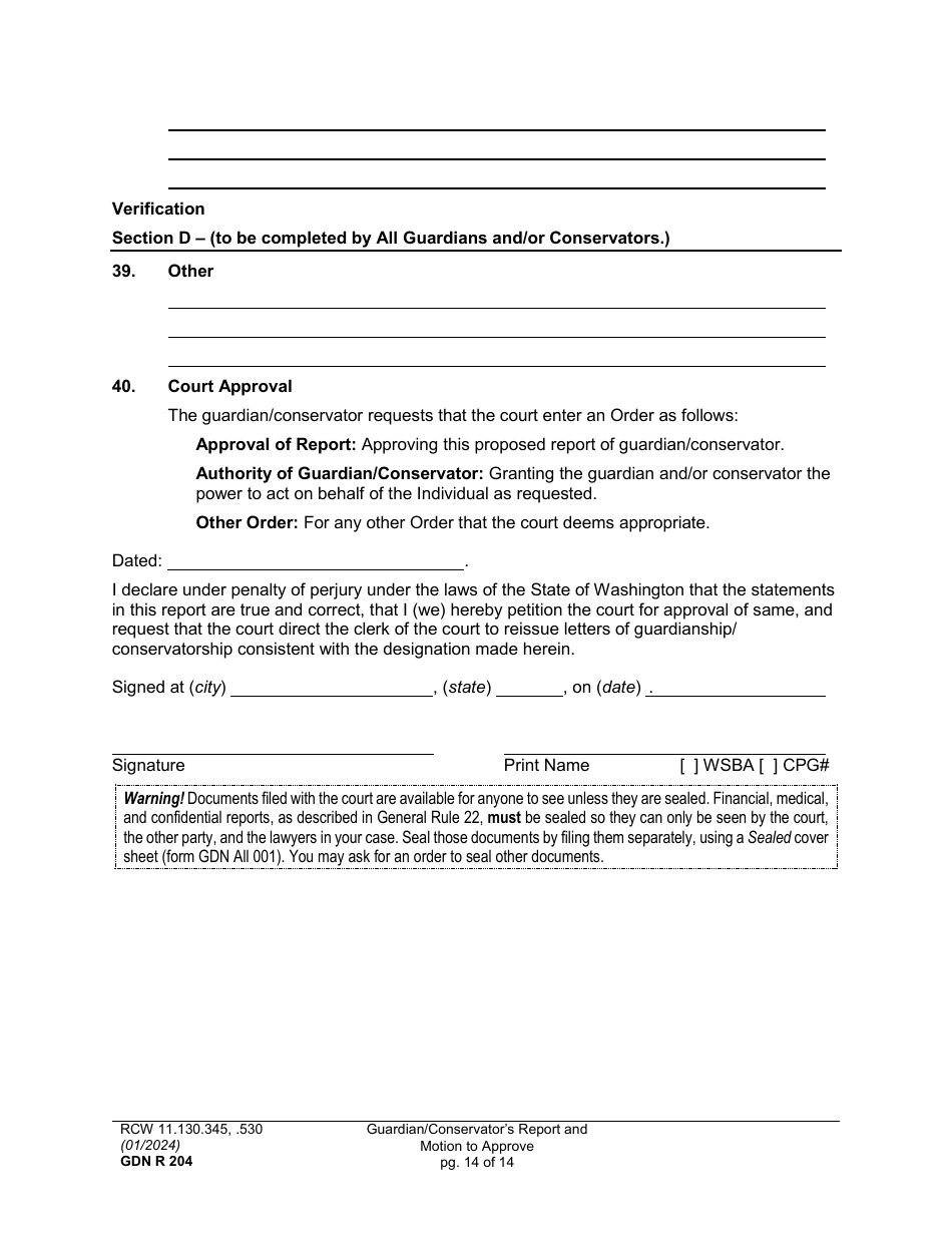 Form GDN R204 Guardian / Conservators Report and Motion to Approve - Washington, Page 14