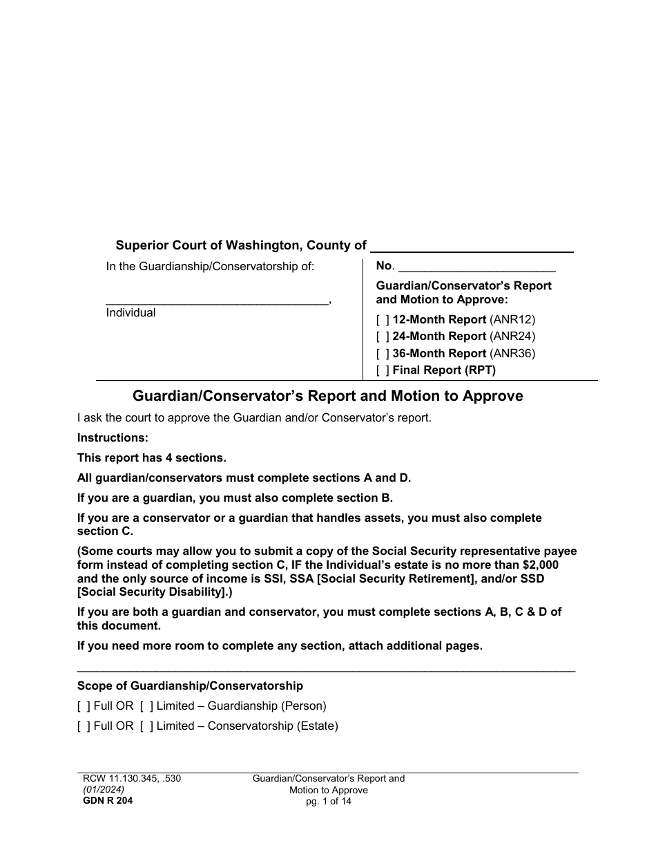 Form GDN R204 Guardian / Conservators Report and Motion to Approve - Washington, Page 1