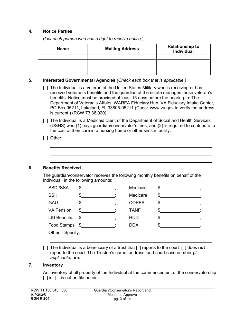 Form GDN R204 Guardian / Conservators Report and Motion to Approve - Washington, Page 3