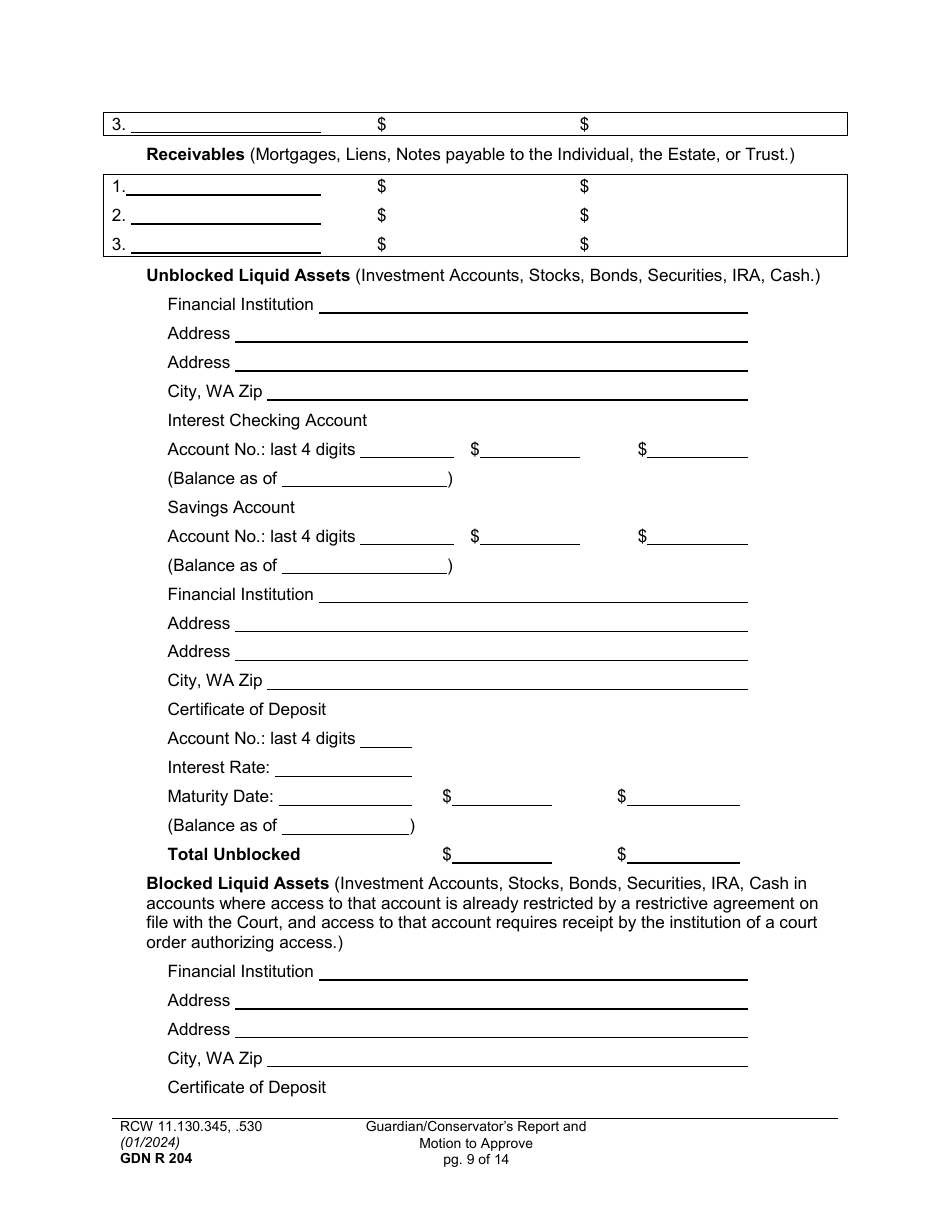 Form GDN R204 Guardian / Conservators Report and Motion to Approve - Washington, Page 9