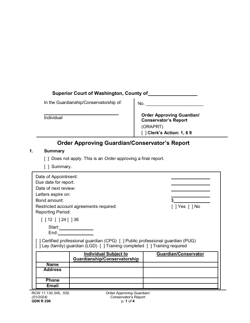 Form GDN R206 Order Approving Guardian/Conservator's Report - Washington