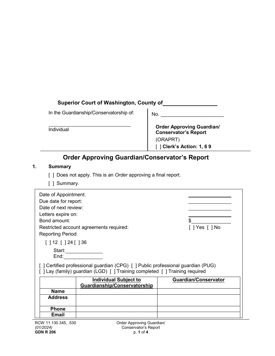 Form GDN R206 Order Approving Guardian / Conservators Report - Washington, Page 1