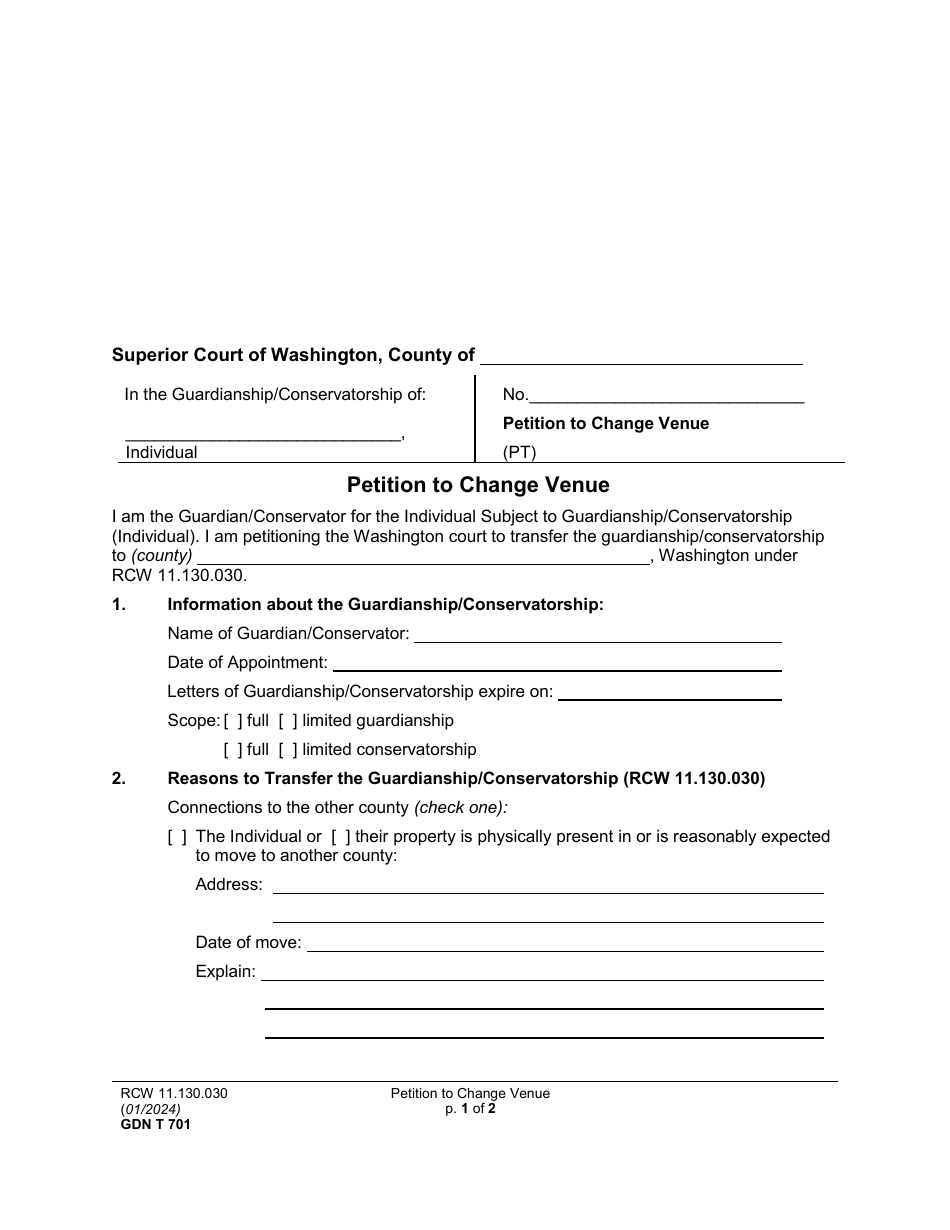 Form GDN T701 Petition to Change Venue - Washington, Page 1