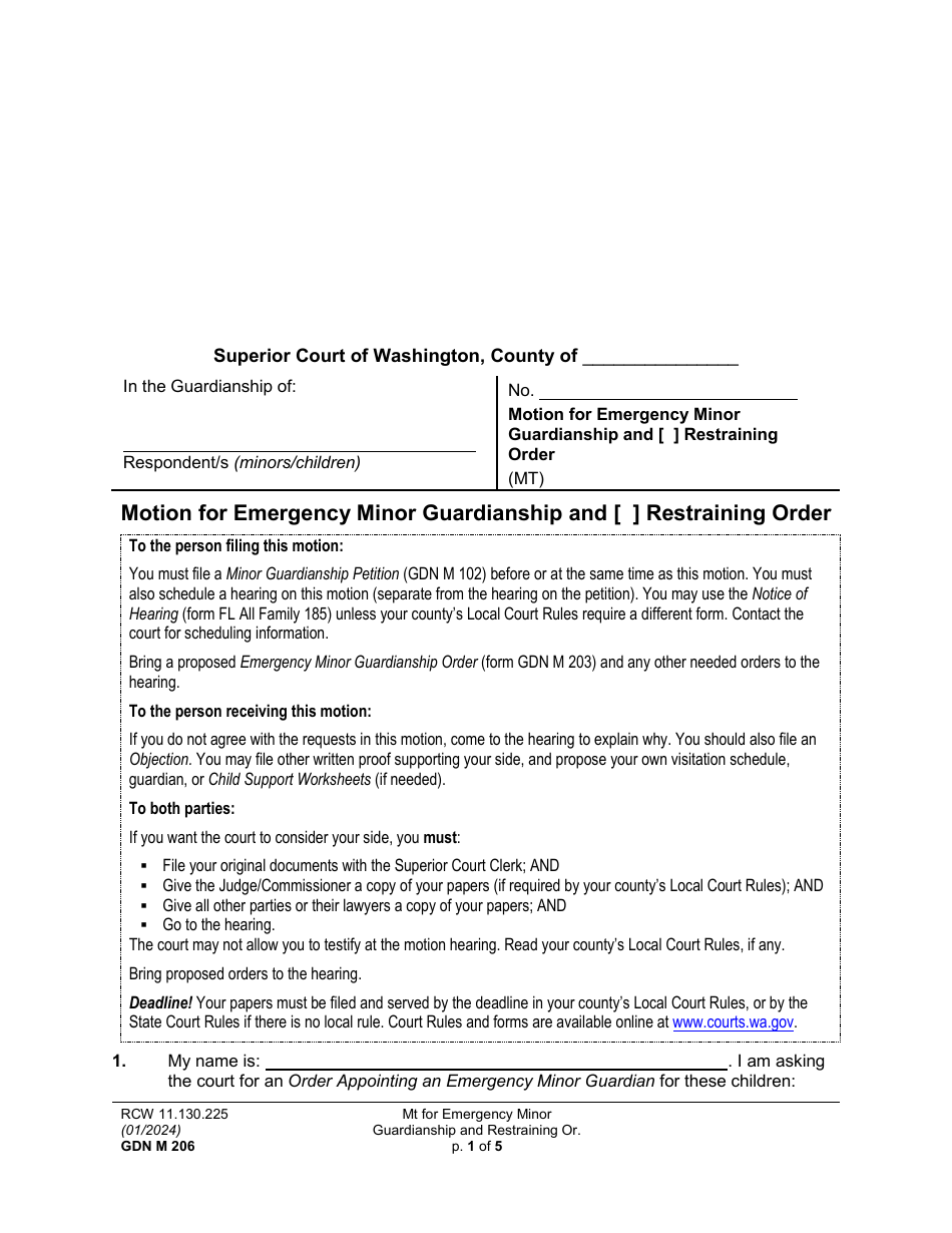 Form GDN M206 Motion for Emergency Minor Guardianship and Restraining Order - Washington, Page 1