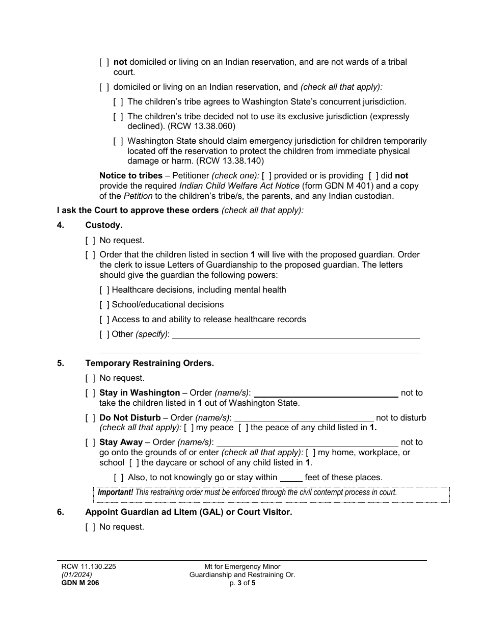 Form GDN M206 Motion for Emergency Minor Guardianship and Restraining Order - Washington, Page 3