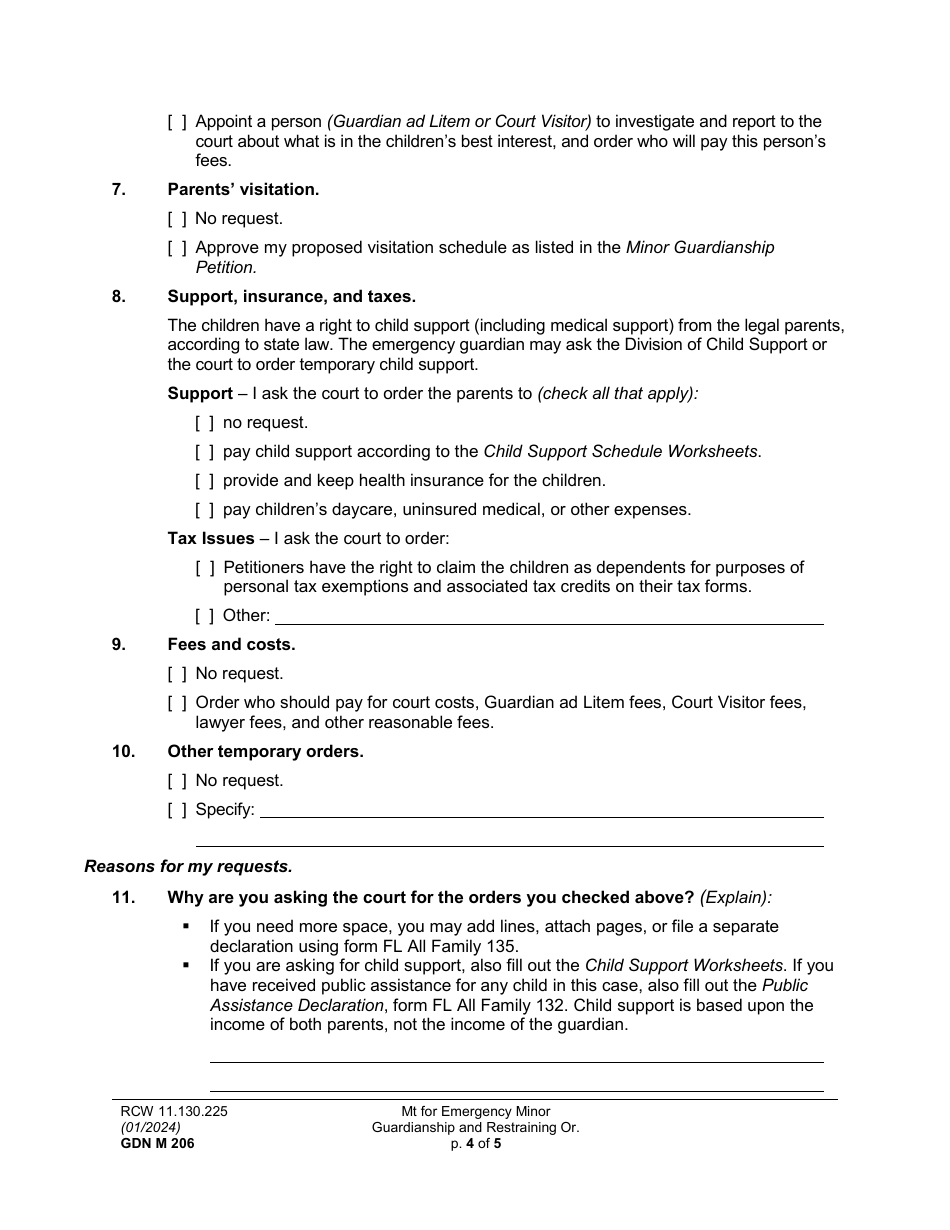 Form GDN M206 Motion for Emergency Minor Guardianship and Restraining Order - Washington, Page 4