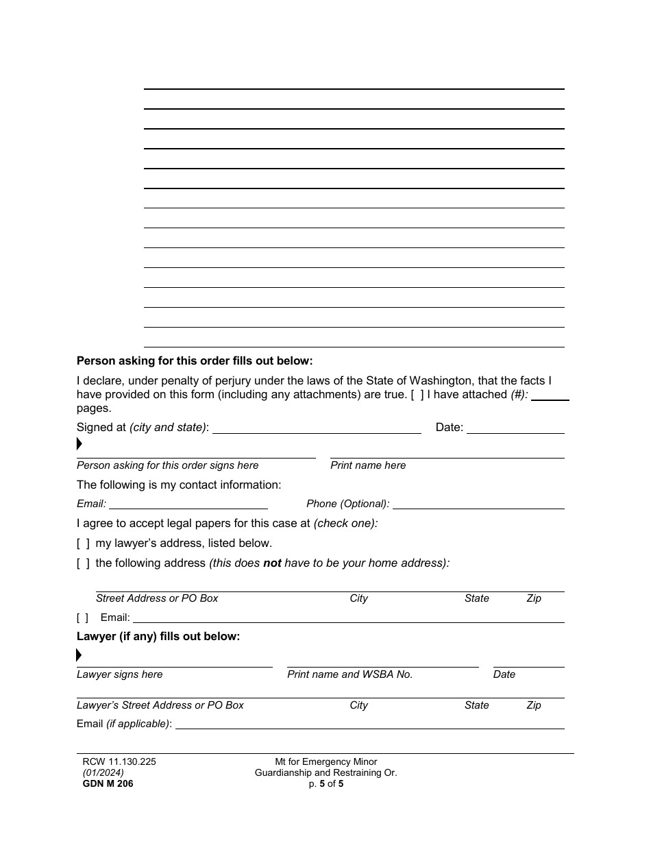 Form GDN M206 Motion for Emergency Minor Guardianship and Restraining Order - Washington, Page 5