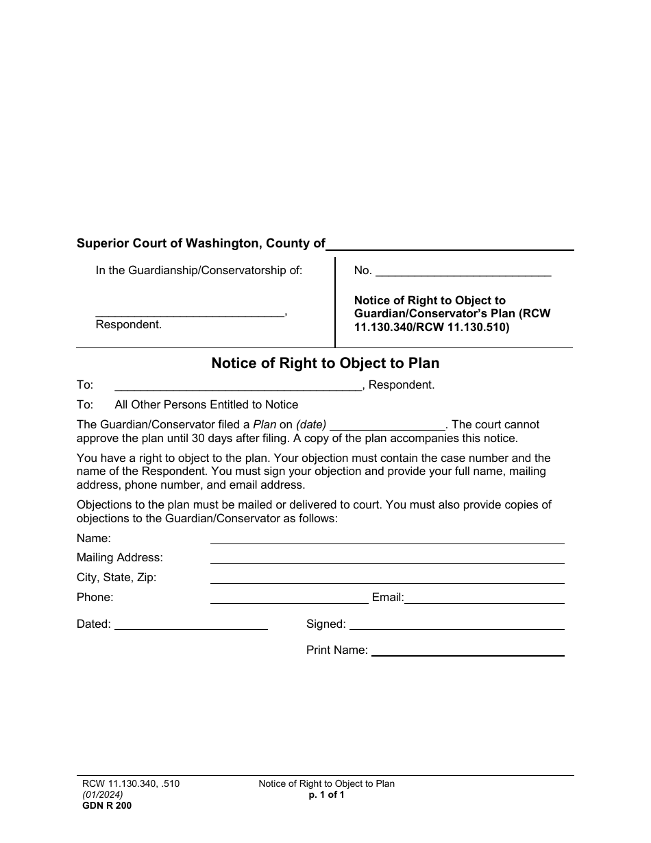 Form GDN R200 Notice of Right to Object to Plan - Washington, Page 1
