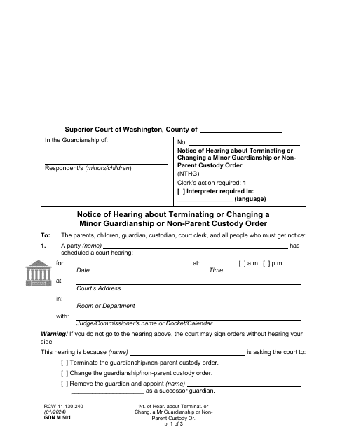 Form GDN M501 Notice of Hearing About Terminating or Changing a Minor Guardianship or Non-parent Custody Order - Washington