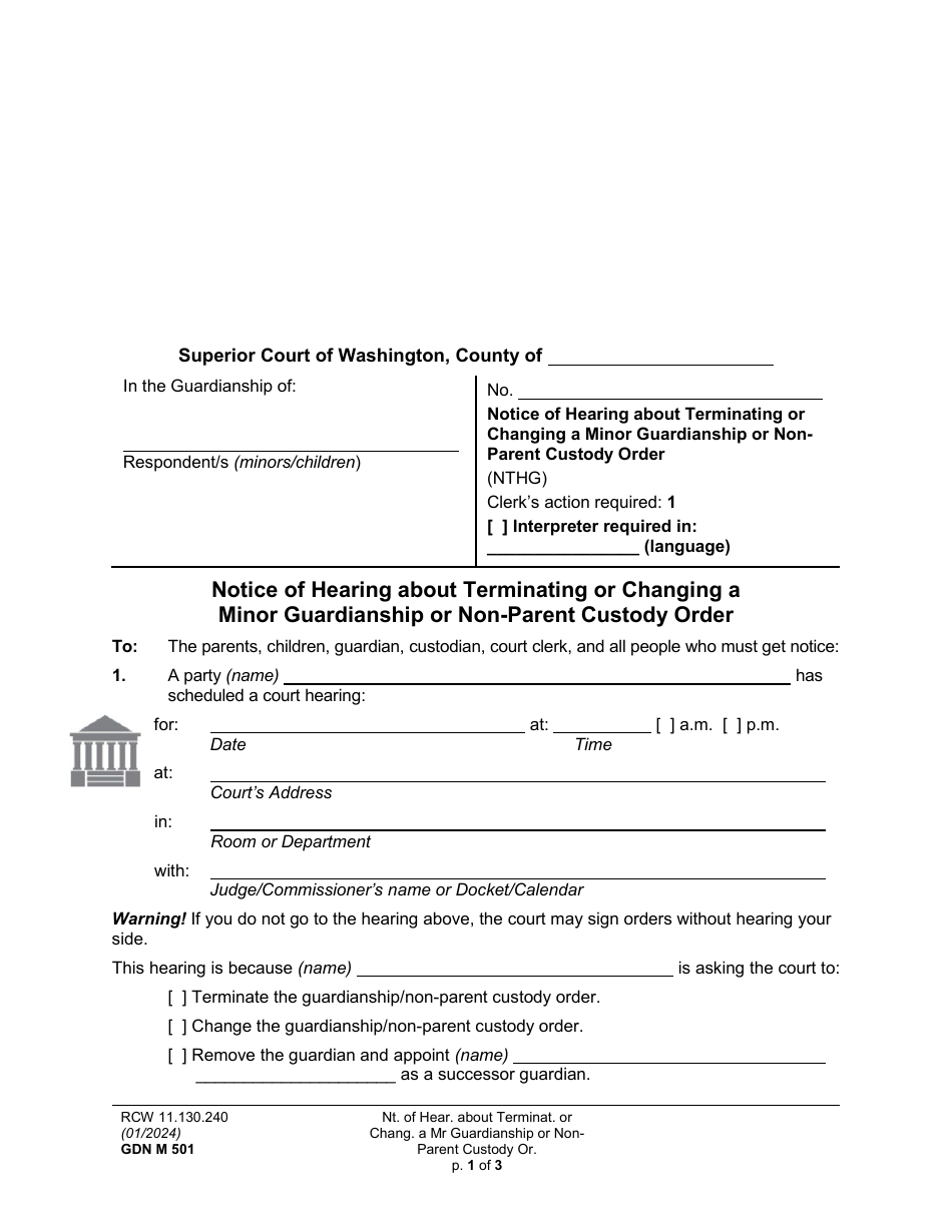Form GDN M501 Notice of Hearing About Terminating or Changing a Minor Guardianship or Non-parent Custody Order - Washington, Page 1
