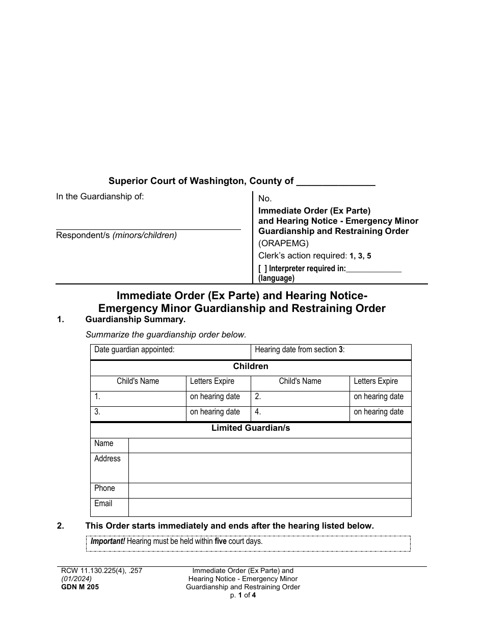 Form GDN M205 Immediate Order (Ex Parte) and Hearing Notice - Emergency Minor Guardianship and Restraining Order - Washington, Page 1