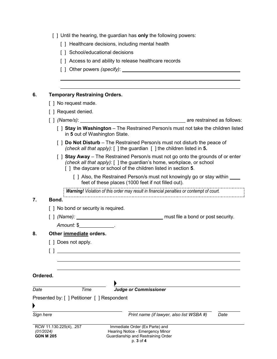 Form GDN M205 Immediate Order (Ex Parte) and Hearing Notice - Emergency Minor Guardianship and Restraining Order - Washington, Page 3