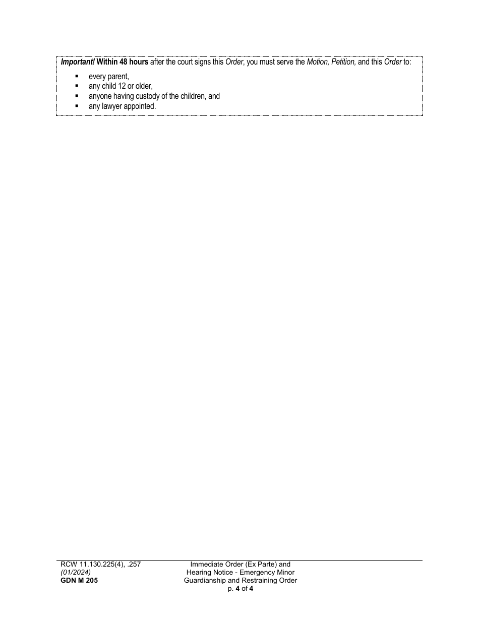 Form GDN M205 Immediate Order (Ex Parte) and Hearing Notice - Emergency Minor Guardianship and Restraining Order - Washington, Page 4