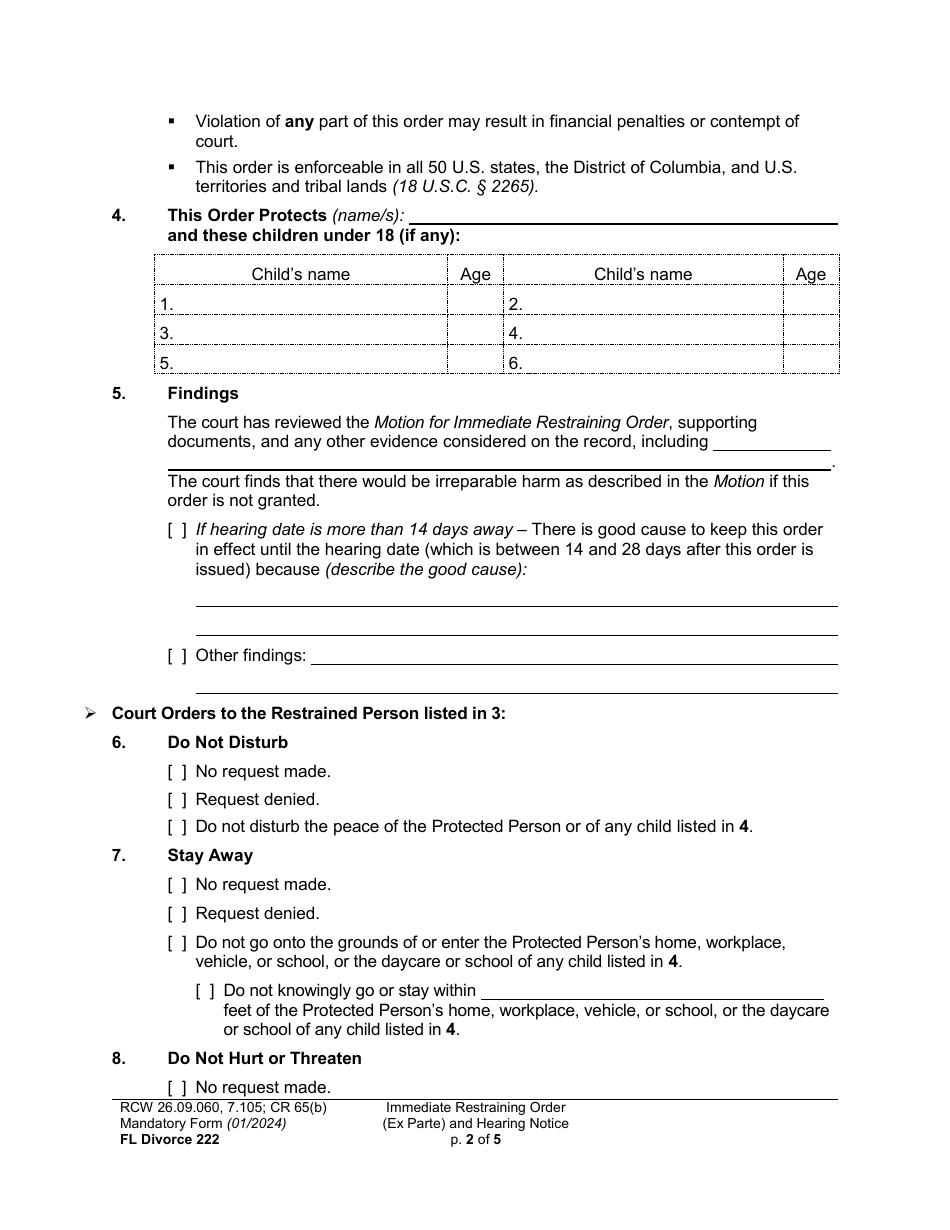 Form FL Divorce222 Immediate Restraining Order (Ex Parte) and Hearing Notice - Washington, Page 2