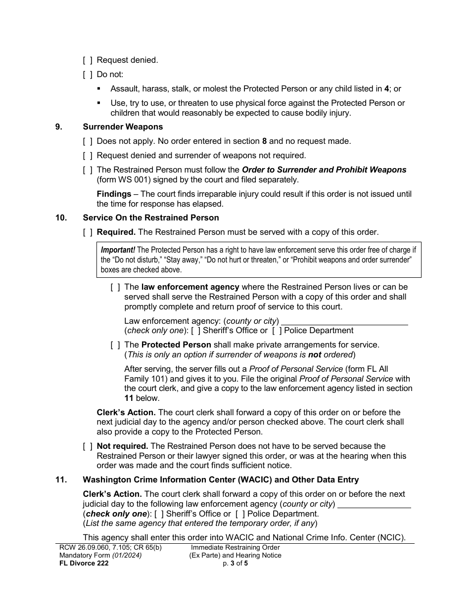 Form FL Divorce222 Immediate Restraining Order (Ex Parte) and Hearing Notice - Washington, Page 3