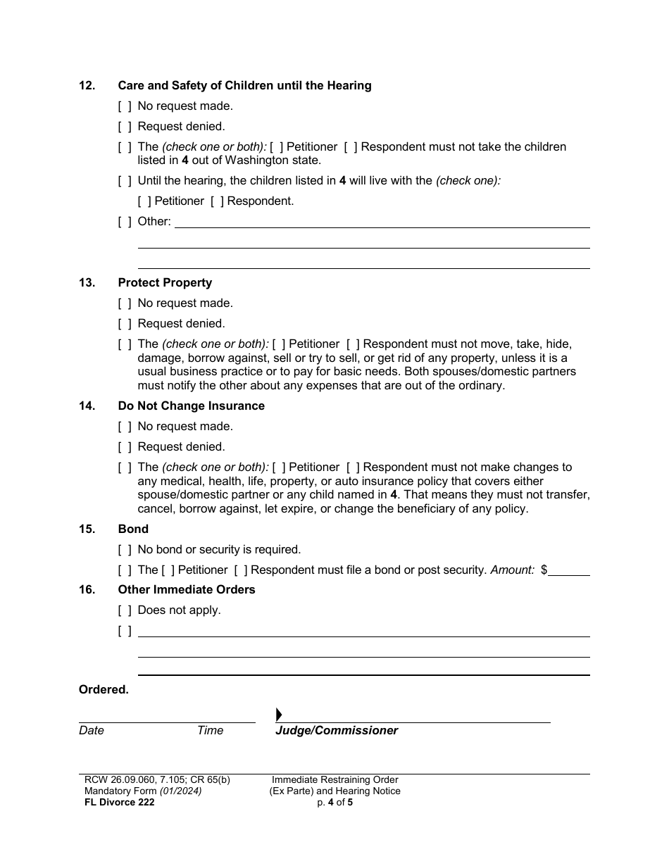 Form FL Divorce222 Immediate Restraining Order (Ex Parte) and Hearing Notice - Washington, Page 4