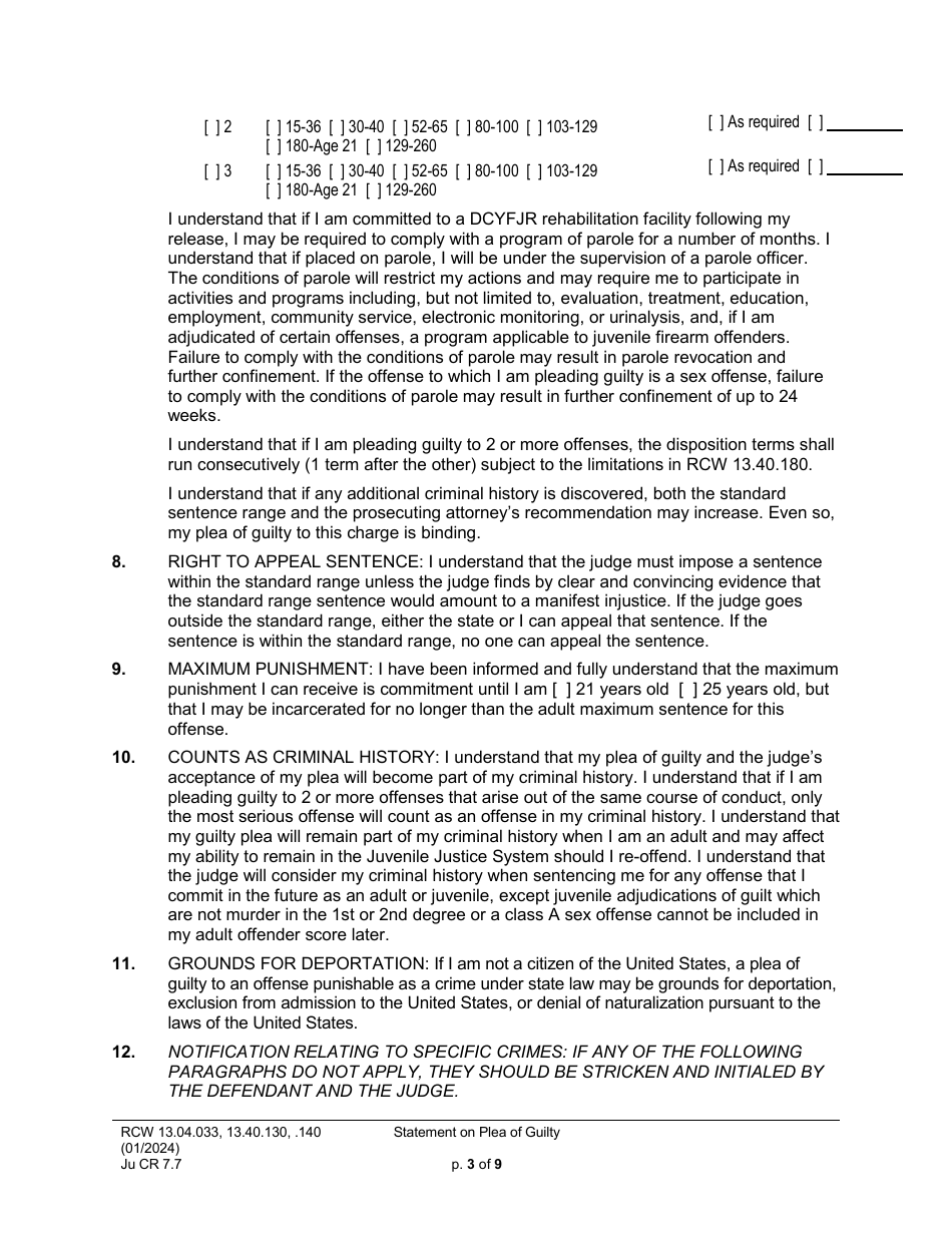 Form JuCR7.7 Statement on Plea of Guilty (Stjopg) - Washington, Page 3