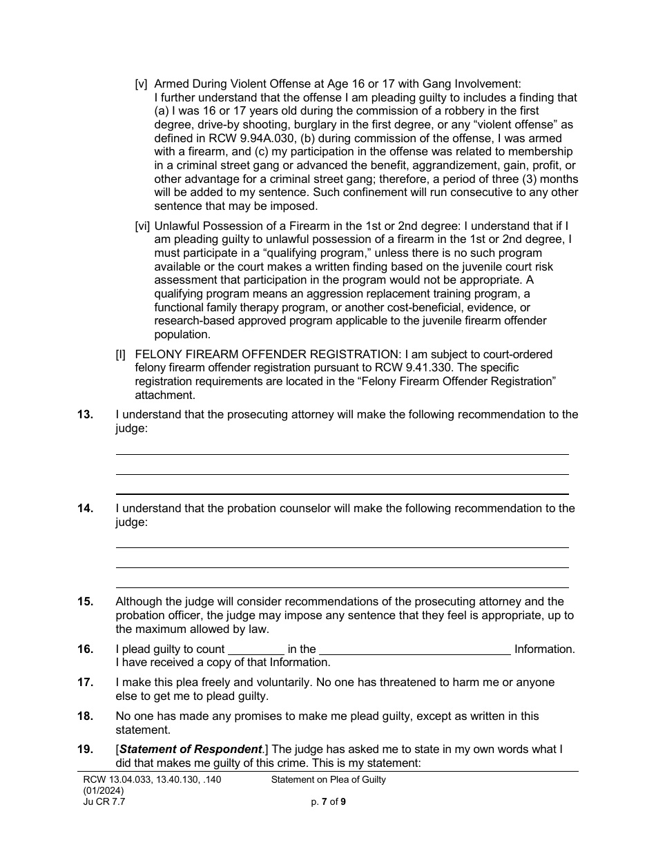 Form JuCR7.7 Statement on Plea of Guilty (Stjopg) - Washington, Page 7