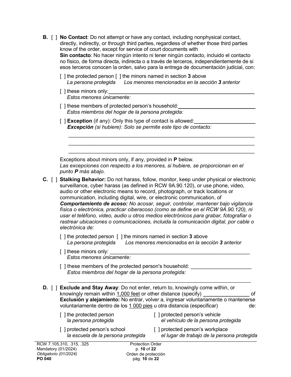 Form PO040 Protection Order - Washington (English / Spanish), Page 10