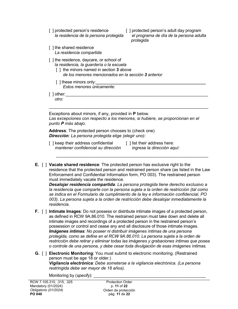 Form PO040 Protection Order - Washington (English / Spanish), Page 11