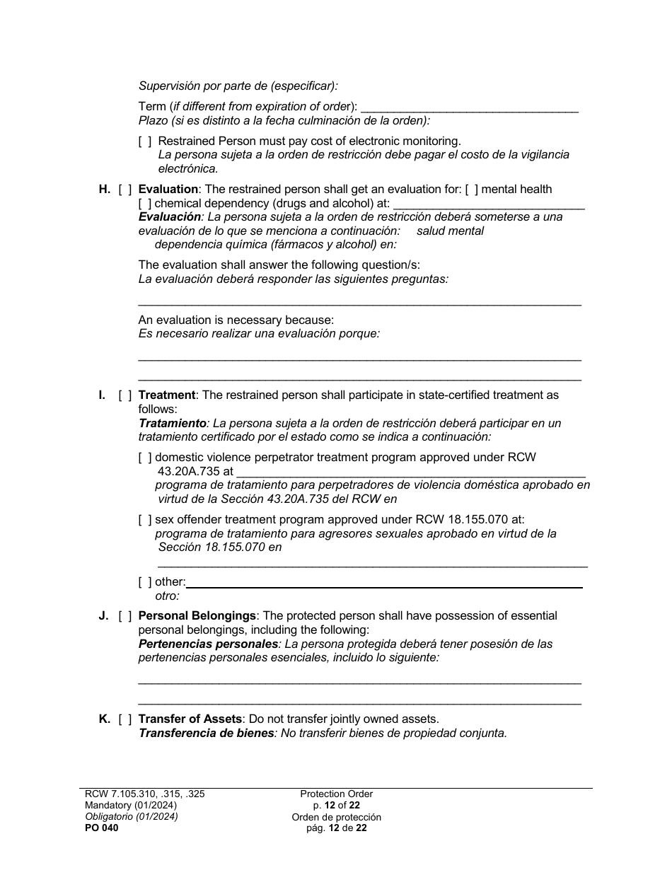 Form PO040 Protection Order - Washington (English / Spanish), Page 12