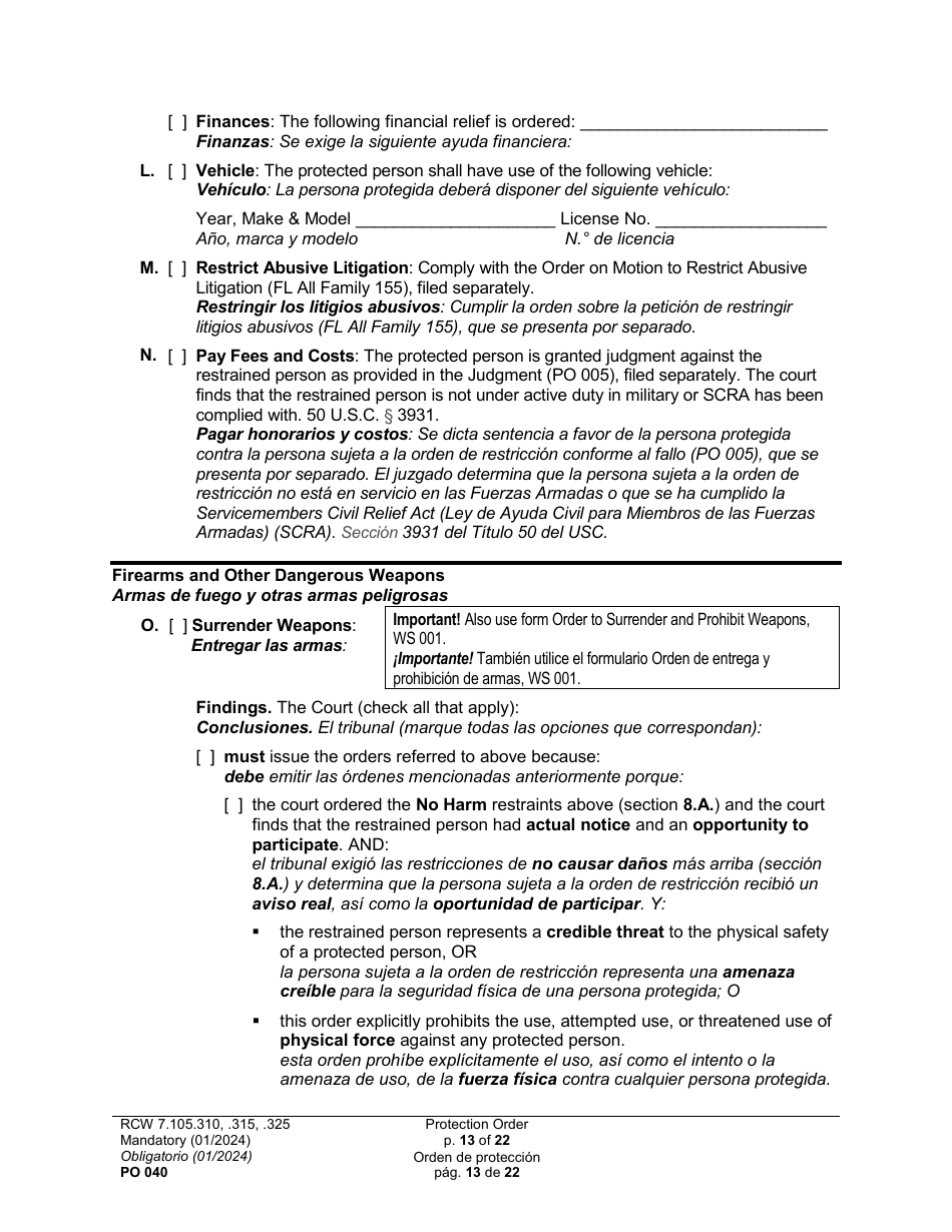 Form PO040 Protection Order - Washington (English / Spanish), Page 13