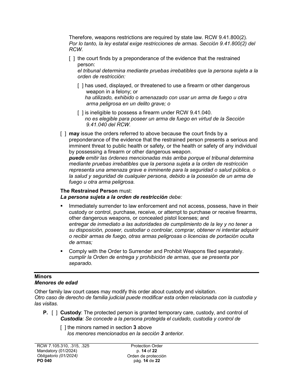Form PO040 Protection Order - Washington (English / Spanish), Page 14