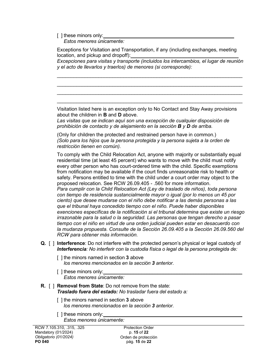 Form PO040 Protection Order - Washington (English / Spanish), Page 15