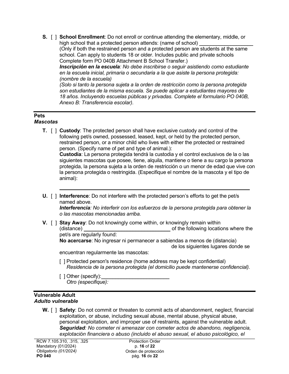 Form PO040 Protection Order - Washington (English / Spanish), Page 16