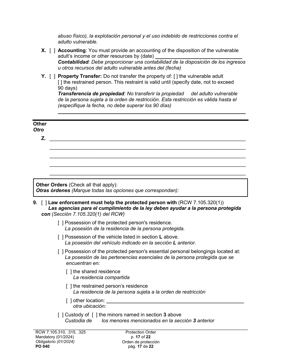 Form PO040 Protection Order - Washington (English / Spanish), Page 17