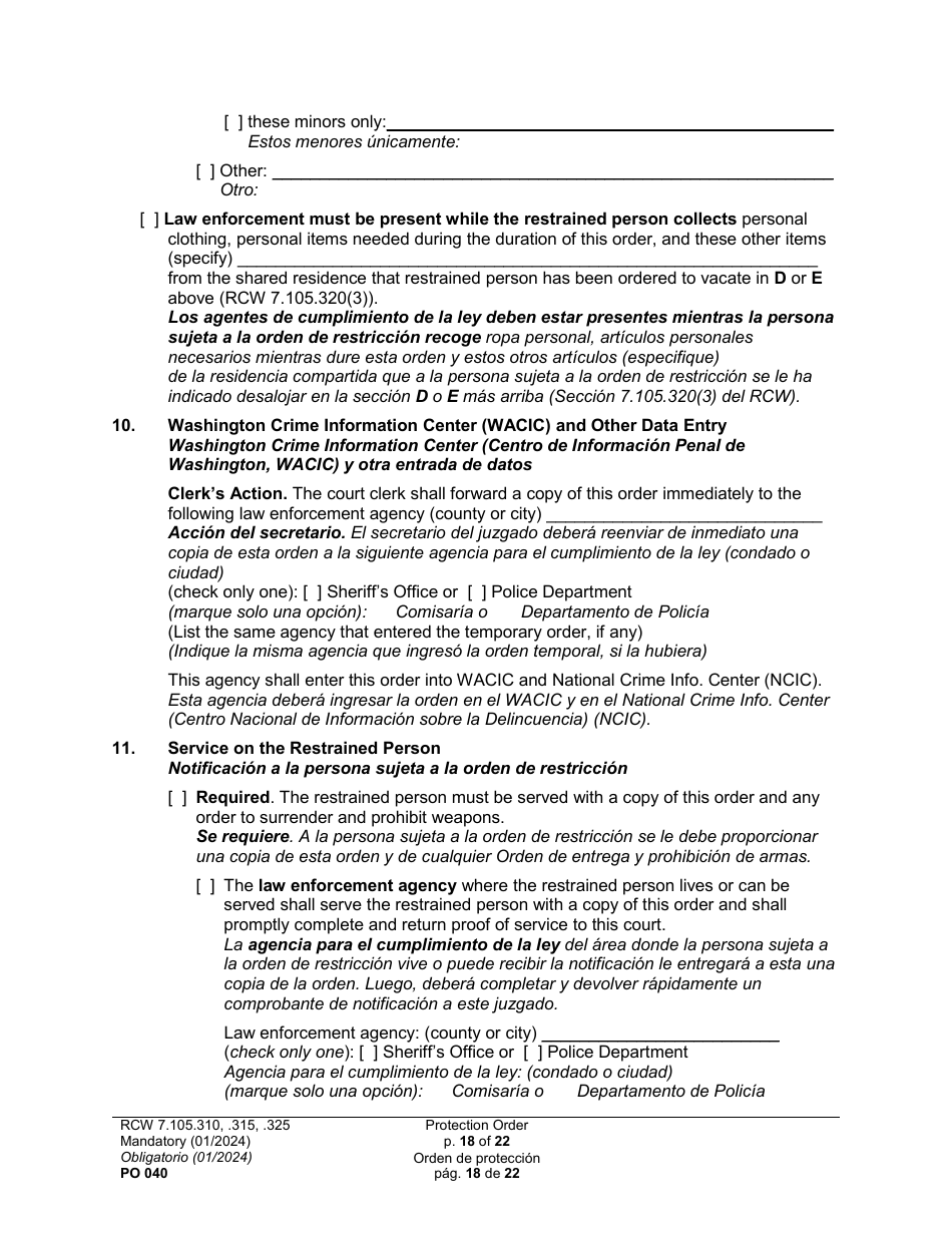Form PO040 Protection Order - Washington (English / Spanish), Page 18
