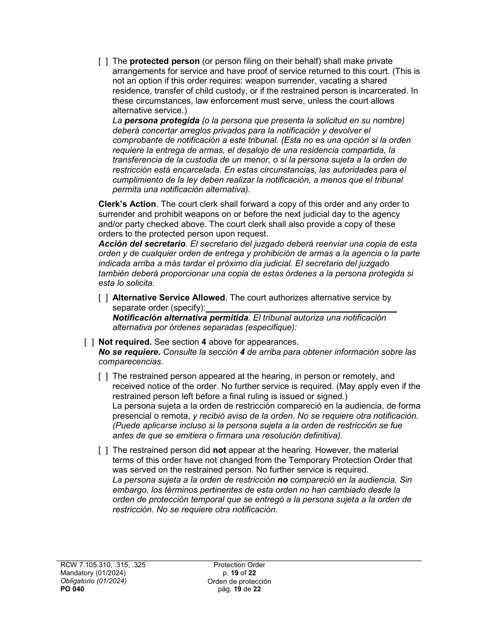 Form PO040 Protection Order - Washington (English / Spanish), Page 19