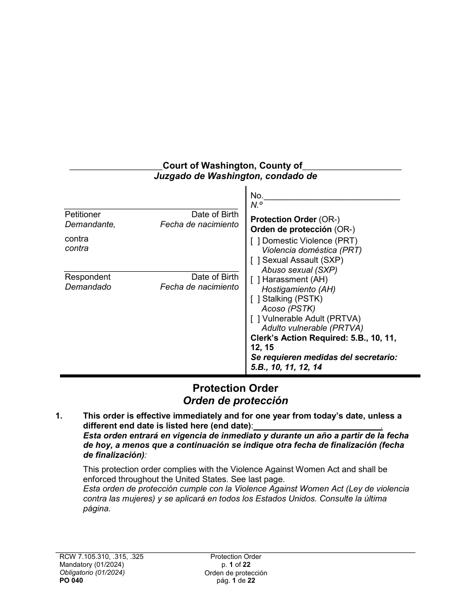 Form PO040 Protection Order - Washington (English / Spanish), Page 1