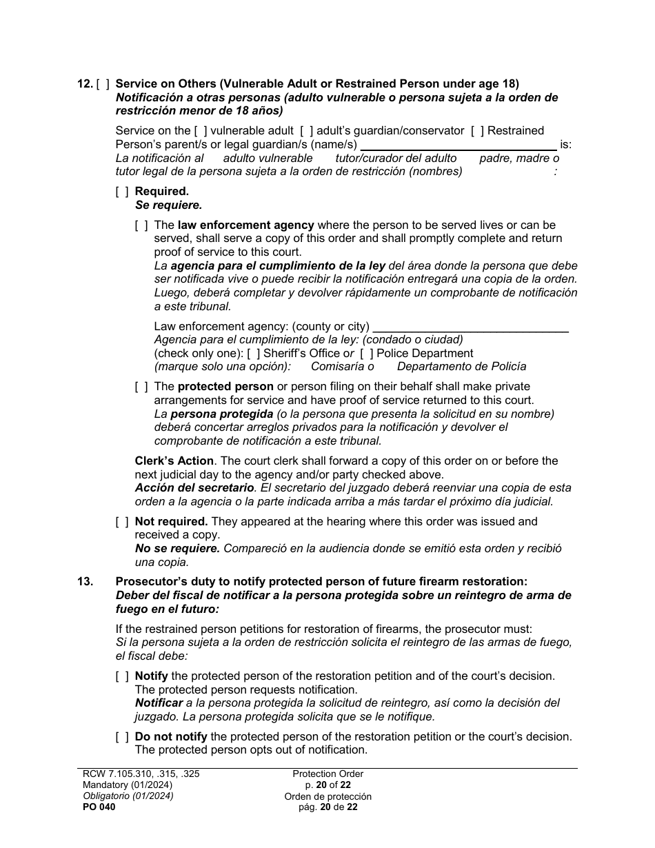 Form PO040 Protection Order - Washington (English / Spanish), Page 20