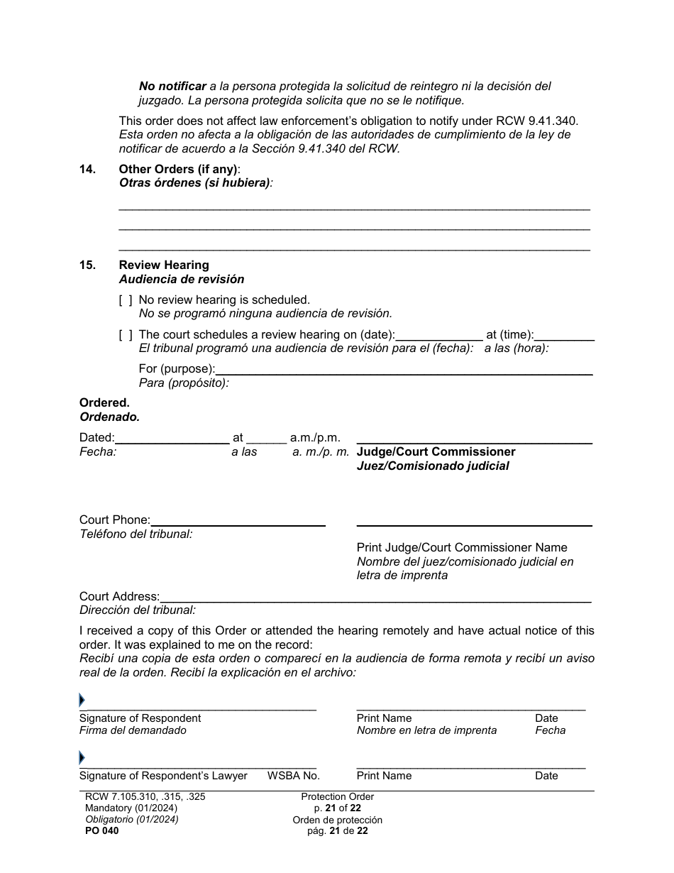 Form PO040 Protection Order - Washington (English / Spanish), Page 21
