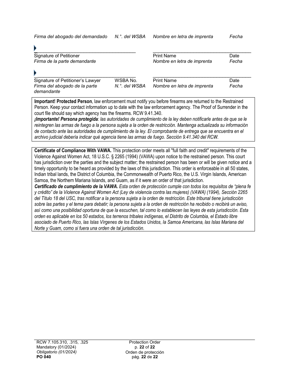 Form PO040 Protection Order - Washington (English / Spanish), Page 22