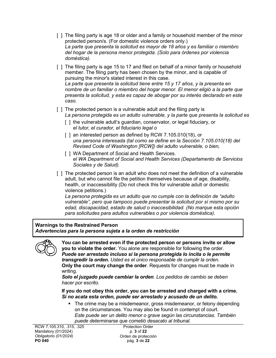 Form PO040 Protection Order - Washington (English / Spanish), Page 3