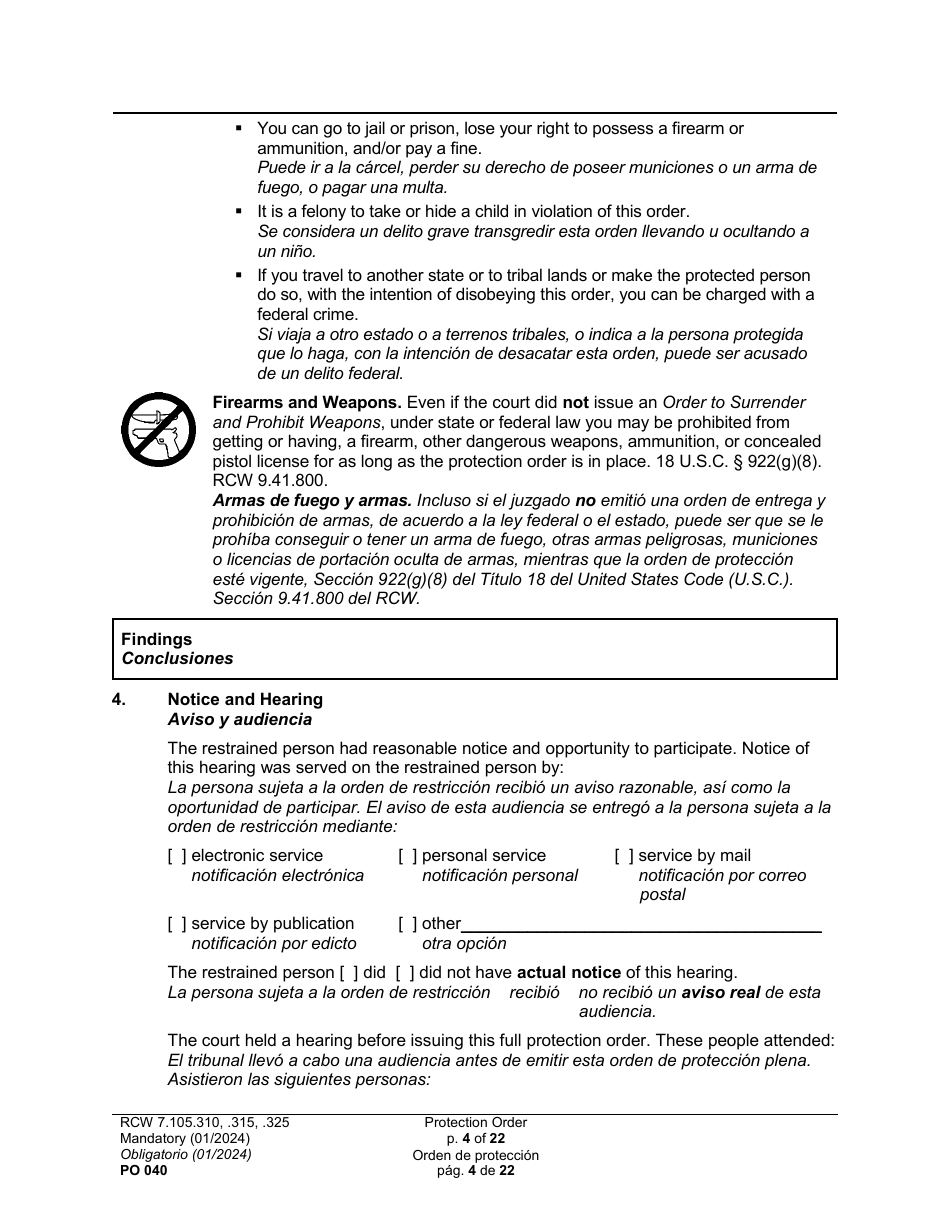 Form PO040 Protection Order - Washington (English / Spanish), Page 4