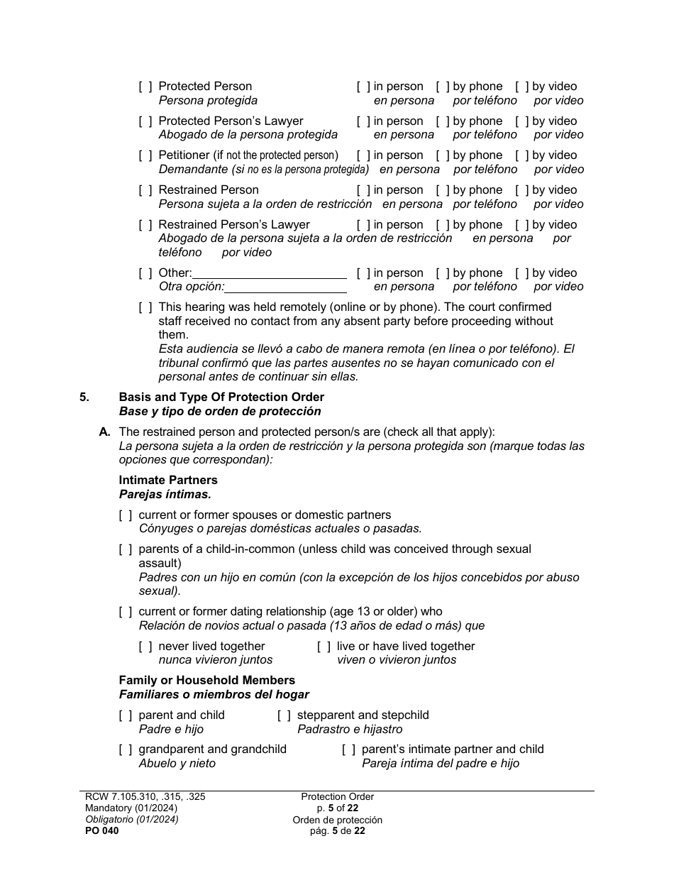 Form PO040 Protection Order - Washington (English / Spanish), Page 5