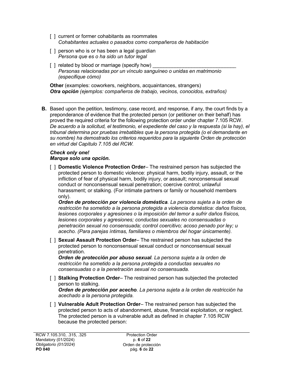 Form PO040 Protection Order - Washington (English / Spanish), Page 6