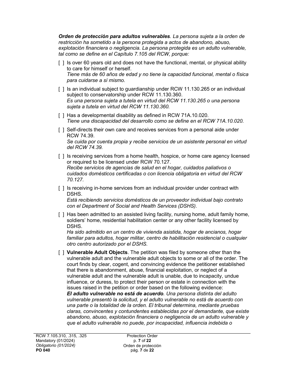 Form PO040 Protection Order - Washington (English / Spanish), Page 7