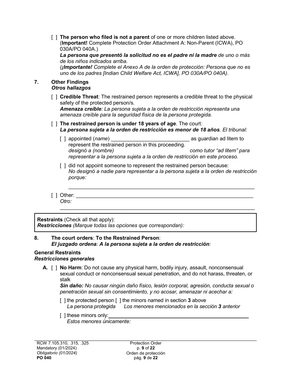 Form PO040 Protection Order - Washington (English / Spanish), Page 9