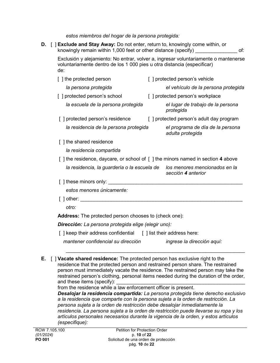 Form PO001 Petition for Protection Order - Washington (English / Spanish), Page 10