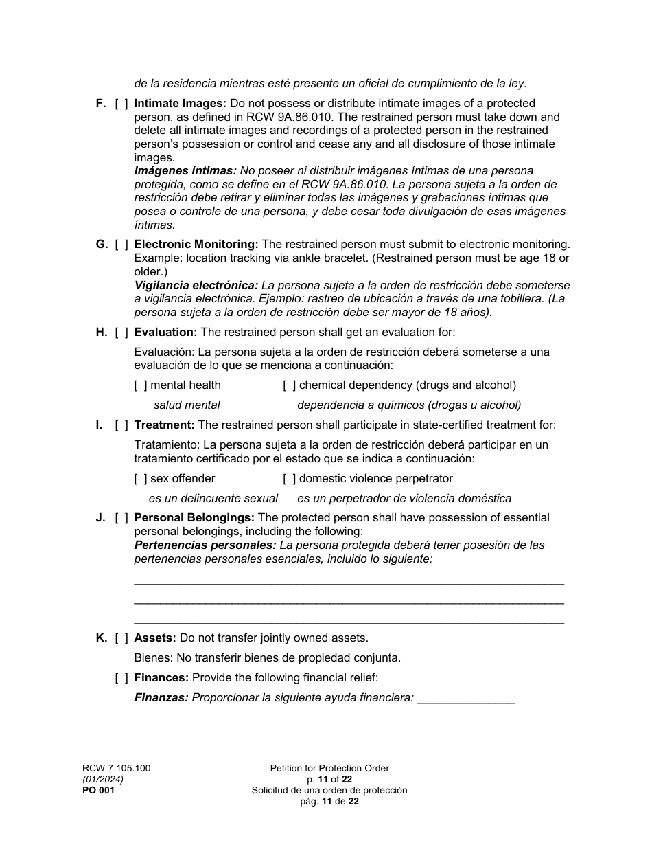 Form PO001 Petition for Protection Order - Washington (English / Spanish), Page 11