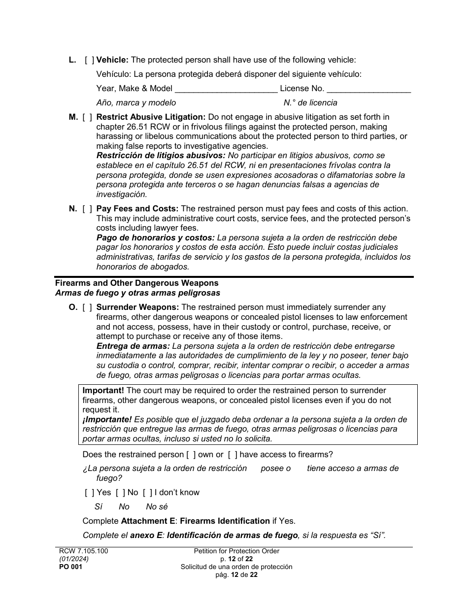Form PO001 Petition for Protection Order - Washington (English / Spanish), Page 12