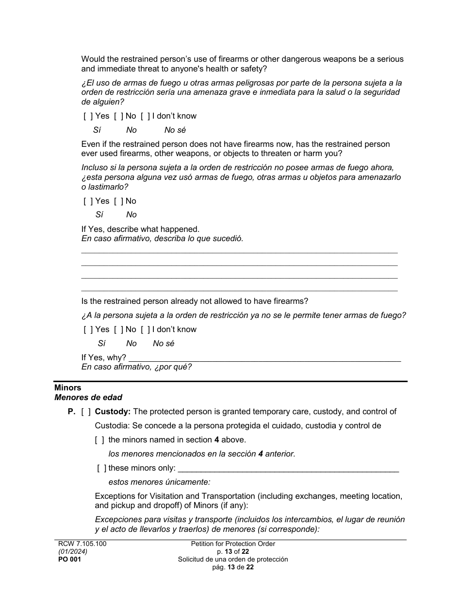 Form PO001 Petition for Protection Order - Washington (English / Spanish), Page 13