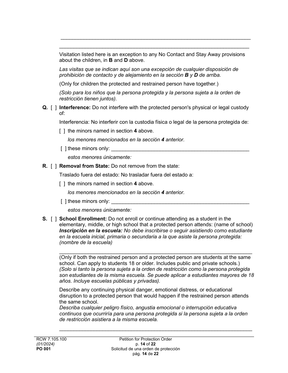 Form PO001 Petition for Protection Order - Washington (English / Spanish), Page 14