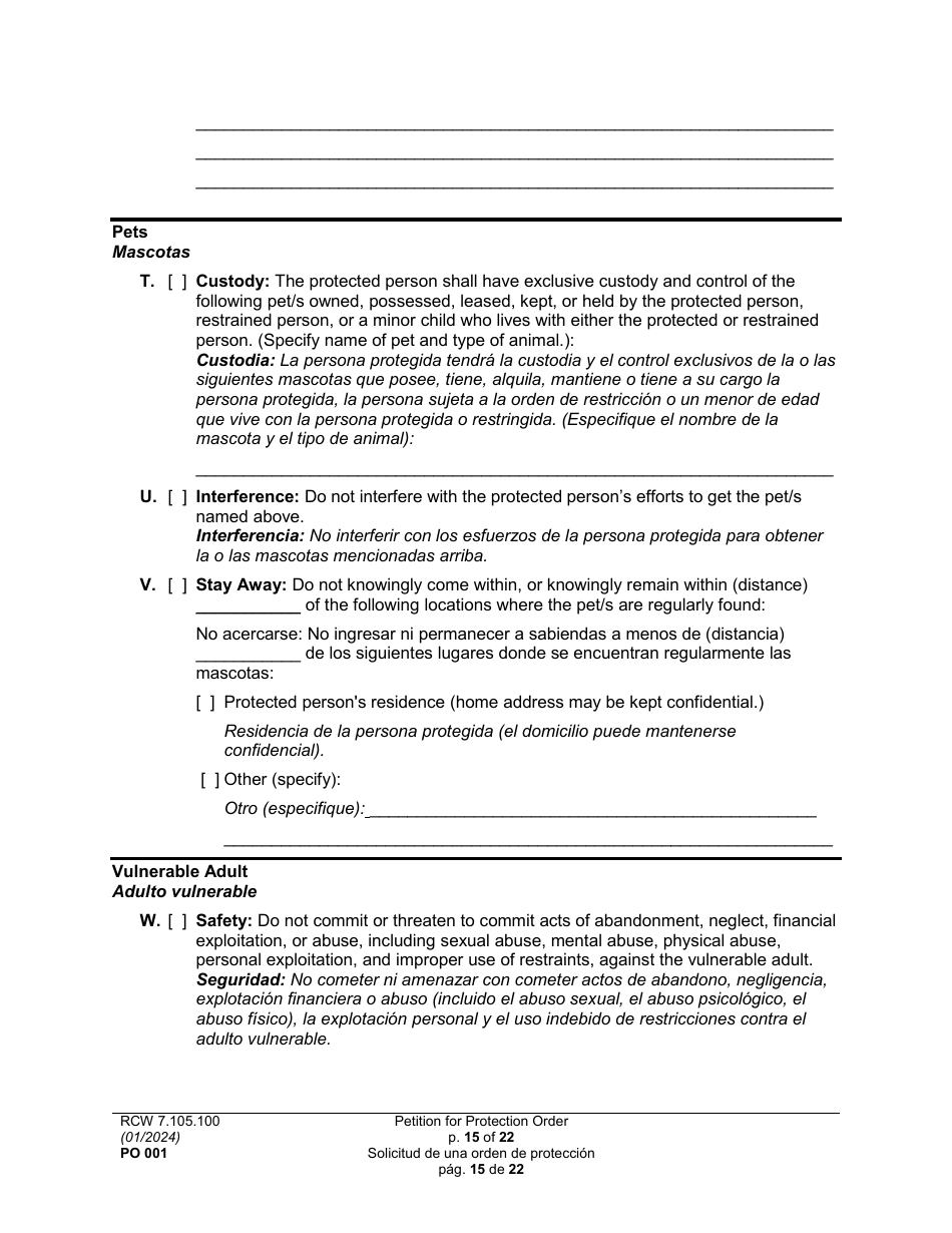 Form PO001 Petition for Protection Order - Washington (English / Spanish), Page 15