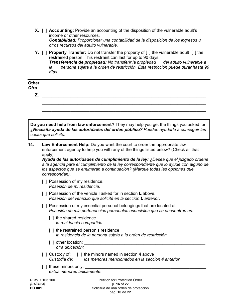 Form PO001 Petition for Protection Order - Washington (English / Spanish), Page 16